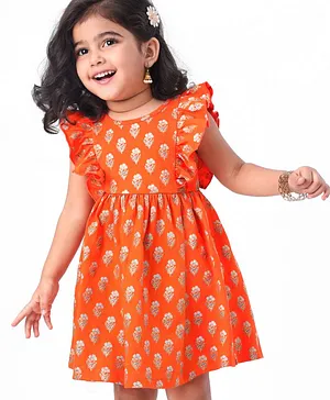 EARTHY TOUCH Single Jersey Knit Short Sleeves Ethnic Dress with Floral Print - Orange