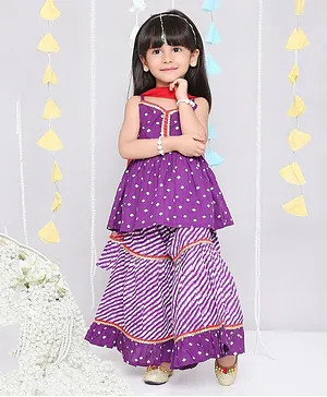 KID1 Sleeveless Bandhani Design Printed Coordinating Kurta & Sharara With Dupatta - Purple