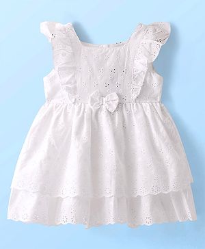 Babyhug 100% Cotton Woven Frill Sleeves Schiffli Frock With Bow Applique- White