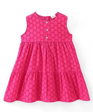 Babyhug Schiffli Woven Sleeveless Tiered Frock - Pink
