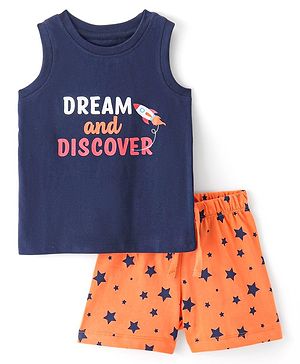 Doodle Poodle 100% Cotton Sleeveless Night Suit With Text & Star Print - Navy Blue & Orange