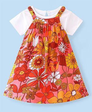 Babyhug Rayon Woven Floral Printed Frock With Half Sleeves Inner Tee - Multicolor