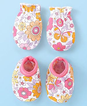 Babyhug 100% Cotton Mittens & Booties Floral Print - Multicolour