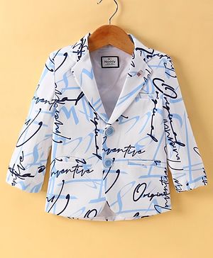 Noddy Lycra Full Sleeves Typography Printed Blazer - Light Blue