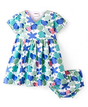 Babyhug Seer Sucker Woven Half Sleeves Floral Printed Frock with Bloomer - White