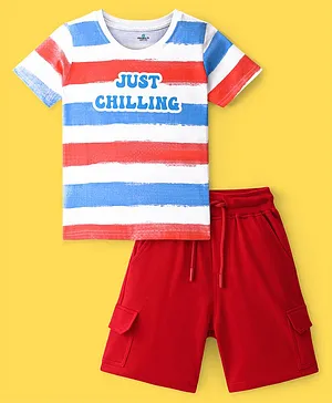 Ollington St. 100% Cotton Knit Half Sleeves T-Shirt & Shorts Set with Stripes & Text Print  Multicolor & Red
