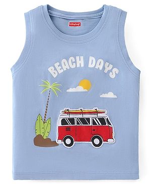 Babyhug Cotton Knit  Sleeveless Tank T-Shirt with Camper Van Print - Blue