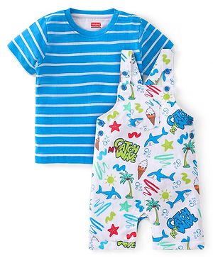 Babyhug Single Jersey Knit Beach Theme Dungaree with Striped Half Sleeves T-Shirt - Blue