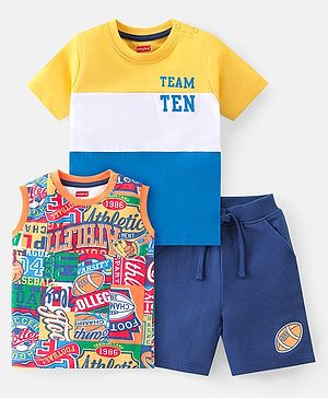 Babyhug Cotton Knit Half Sleeves T-Shirt With Inner Tee & Shorts Set With Color Block Print - Multicolor