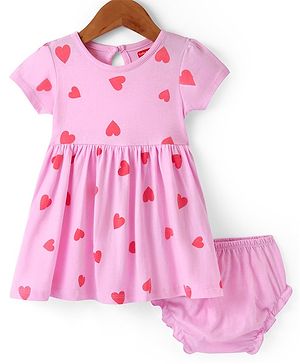 Babyhug Single Jersey Knit Half Sleeves Frock With Bloomer & Hearts Print - Pink