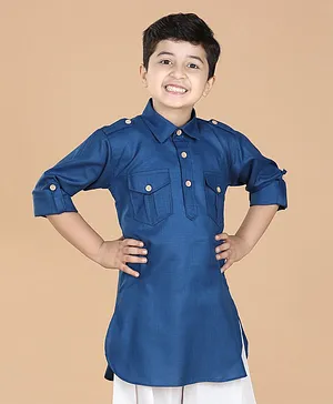 AJ Dezines Pure Cotton Full Sleeves Solid Pathani Kurta - Blue
