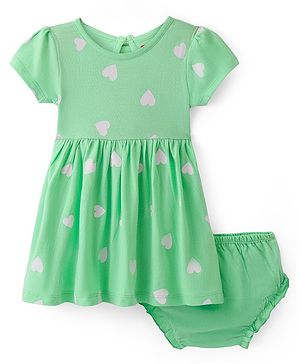 Babyhug Single Jersey Knit Half Sleeves Frock With Bloomer & Hearts Print - Green