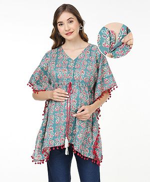 Bella Mama Viscose Woven Half Sleeves Printed Kaftan Maternity Top - Green