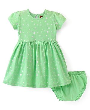 Babyhug Single Jersey Knit Half Sleeves Frock with Bloomer Star Print - Green