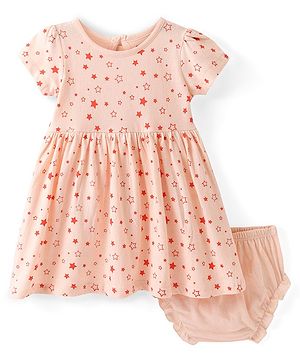 Babyhug Single Jersey Knit Half Sleeves Frock & Bloomer With Stars Print - Peach