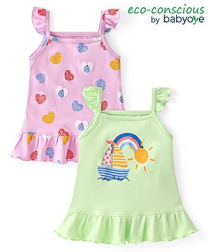 Babyoye Cotton Frill Sleeves Tops Boat & Hearts Print Pack of 2 - Pink & Green