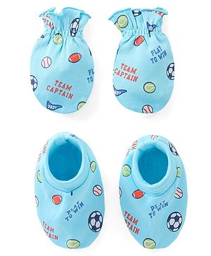 Babyhug 100% Cotton Mittens & Booties Sports Print - Blue