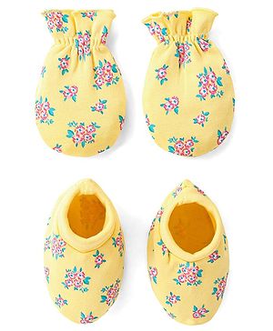 Babyhug 100% Cotton Mittens & Booties Floral Print - Yellow