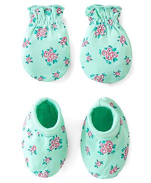 Babyhug 100% Cotton Mittens & Booties Floral Print - Green