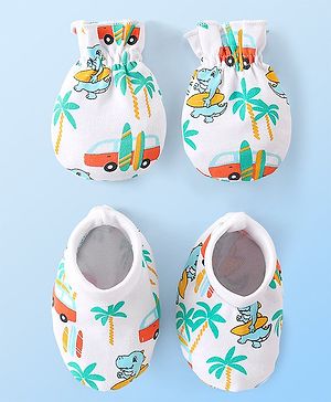 Babyhug 100% Cotton Knit Dino Printed Mittens & Booties Set - Multicolour