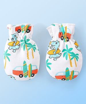 Babyhug 100% Cotton Knit Dino Printed Mittens & Booties Set - Multicolour