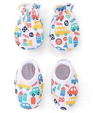 Babyhug 100% Cotton Mittens & Booties Vehicle Print - White