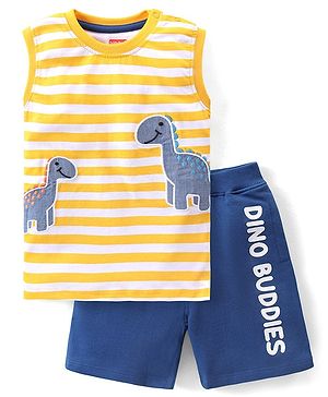 Babyhug Single Jersey Cotton Knit Sleeveless Striped T-Shirt & Shorts Set with Dino Embroidery - Yellow & Blue
