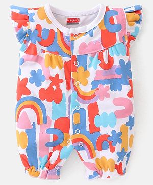 Babyhug 100% Cotton Knit Frill Sleeves Romper with Rainbow Print - Multicolour