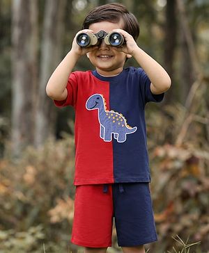 Babyhug Single Jersey Knit Half Sleeves T-Shirt & Shorts Set with Dino Embroidery - Red & Blue