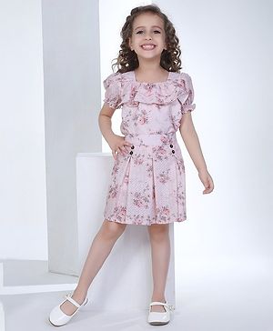 Peppermint Half  Sleeves Floral  Printed Top With Skirt -  Peach