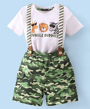 Babyhug Single Jersey Knit Half Sleeves  T-Shirt &  Camouflage Shorts Set  Animal Print - White & Green