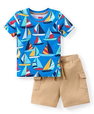 Babyhug Single Jersey Knit Half Sleeves T-Shirt & Shorts Set with Boat Print - Blue & Beige