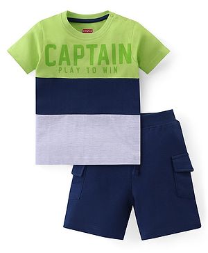 Babyhug Cotton Knit Half Sleeves Color Block T-Shirt & Shorts Set With Text Print - Multicolor