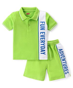 Babyhug Single Jersey Knit Half Sleeves T-Shirt & Shorts With Text Print - Green