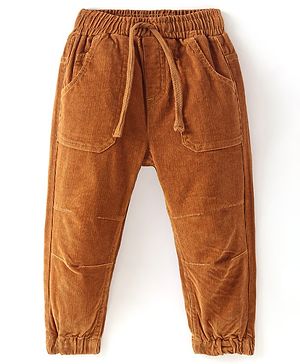 Babyhug Cotton Lycra Full Length  Solid Corduroy Pants - Golden Brown