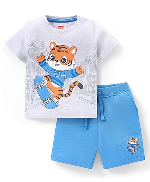 Babyhug Single Jersey Knit Half Sleeves T-Shirt & Shorts Set with Tiger Print - White & Blue