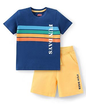 Babyhug Single Jersey Knit Half Sleeves T-Shirt & Shorts Set Text Print - Blue & Orange