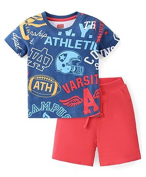 Babyhug Cotton Knit Half Sleeves T-Shirt & Shorts Set With Varsity Print - Blue