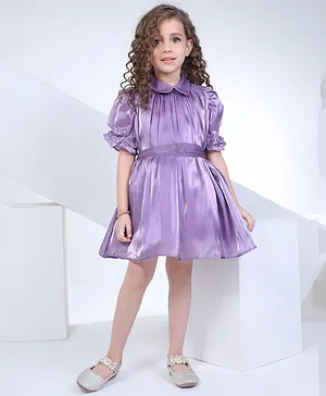 Peppermint Half Sleeves Stone Belt Detailed Flared Dress - Purple