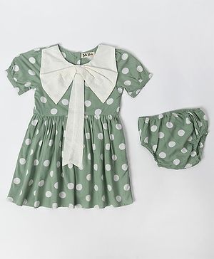 Bella Moda Half Sleeves Polka Dots  Printed Bow Detailed Flared Cotton Dress With Bloomer - Sea Green