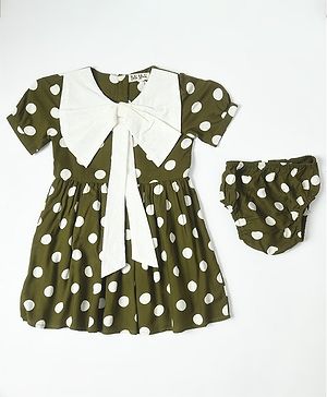 Bella Moda Half Sleeves Polka Dots Printed Dress With Bloomer - Green