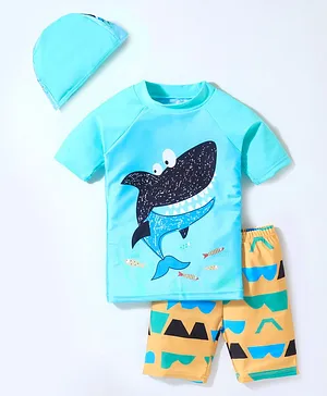 KIDLINGSS  Raglan Half Sleeves Shark Printed Swimsuit With Cap - Blue & Yellow