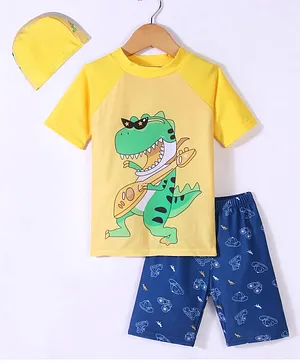 KIDLINGSS  Raglan Half Sleeves Dinosaur Printed  Swimsuit With Cap - Yellow & Blue