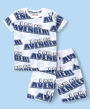 Babyhug Marvel Single Jersey Knit Half Sleeve T-Shirt and Short Set with Avengers Print- White