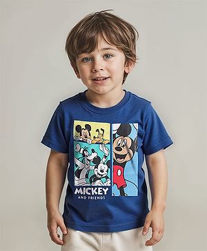 Babyhug Disney Cotton Knit Half Sleeves T-Shirt With Front and Back Mickey Mouse Family Graphics - Navy