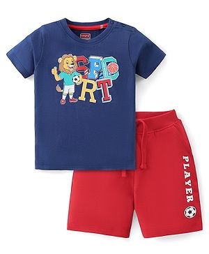 Babyhug Cotton Knit Half Sleeves T-Shirt & Shorts Set With Lion Print - Blue & Red