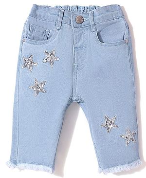 Babyhug Denim Solid Capris with Star Applique - Blue