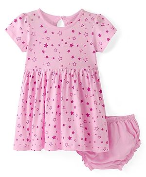 Babyhug Cotton Knit Half Sleeves Frock with Bloomer Star Print - Multicolour