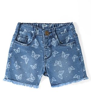 Babyhug Denim Mid Thigh Length Stretchable Shorts Butterfly Print - Blue