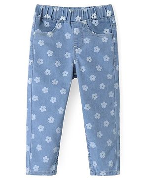 Babyhug Denim Full Length Stretchable Jeggings  with Floral Print - Light Blue